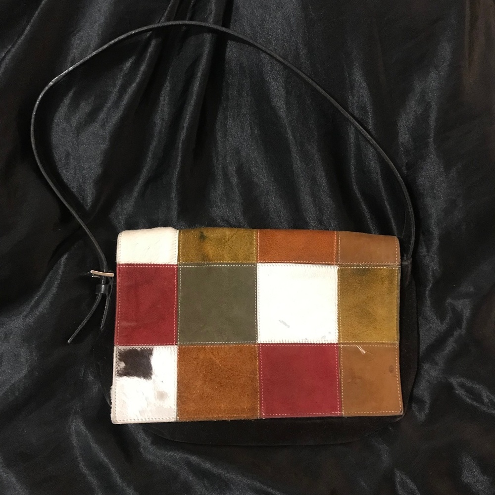 Suede and pony fur vintage shoulder bag